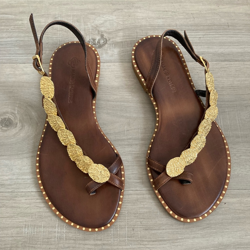Leather flat sandals Greek style w gold coin ornament 37